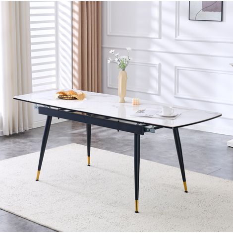 Tavolo da pranzo allungabile 200/140 cm bianco con piano effetto marmo, struttura in metallo nero e dettagli dorati (1/5)