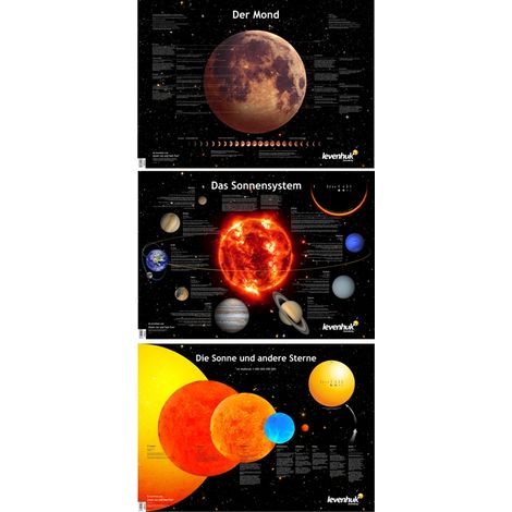 Una serie di poster di Levenhuk raffiguranti corpi celesti