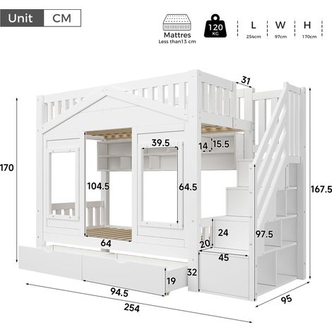 Lit superposé, lit mezzanine enfant 90x200 cm avec barrière de sécurité et escalier de rangement, lit ado avec fenêtre, bois massif blanc (1/5)