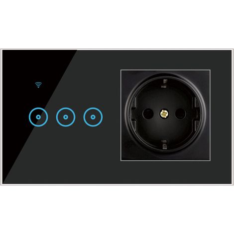 Enchufe inteligente Wi-Fi triple para la UE con control táctil e interruptor de luz, control por aplicación/voz/Alexa, ABS y cristal templado, 95–250 V