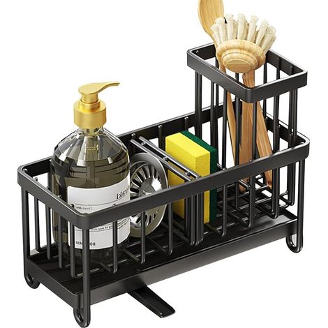 Porte Eponge Evier Cuisine, Organisateur Evier en Acier Inoxydable, Rangement et Organisation de Cuisine avec Bac de Vidange Automatique, Organisateur Égouttoirs Amovible pour Salle, Noir (1/5)