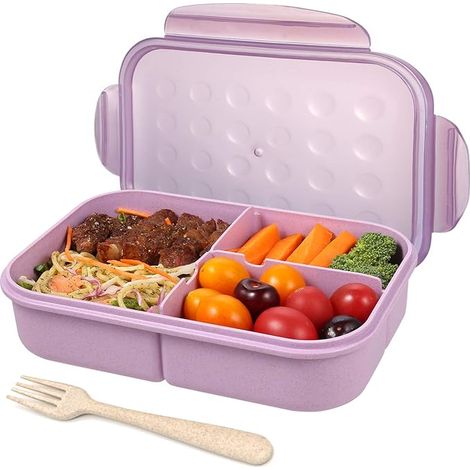 Boîte à bento pour adultes et enfants, 3 compartiments, étanche, compatible micro-ondes (couverts inclus, violette) (1/5)
