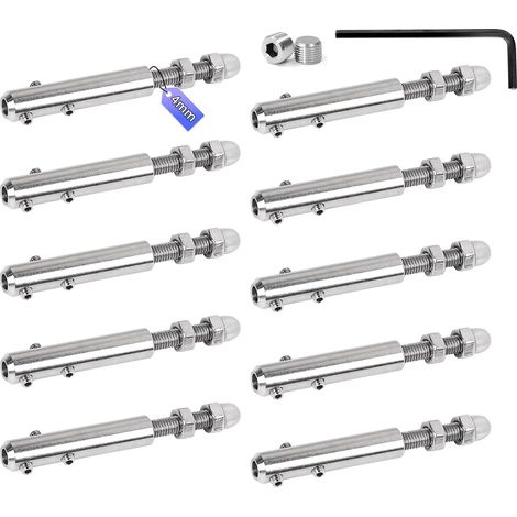 Lot de 10 Raccords pour câble 4 mm Tendeur en inox avec tige filetée et clé Allen, Serre-câble en acier inoxydable conçu pour fixation et tension câbles remplissage de garde-corps, balustrades (1/5)