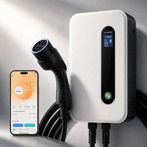 7KW Charging Station with APP Control, Type 2 Electric Vehicle Charger with LCD Display[IEC 62196-2, 8-32A, 6+1m], Single Phase 32A Wallbox 7.2kW Compatible with All EV (1/5)