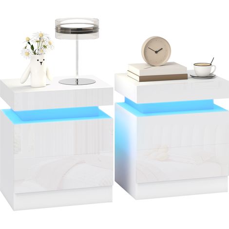 HOMCOM High Gloss Bedside Table with LED Light & 2 Drawers, Set of 2, White (1/5)