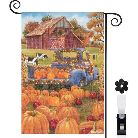Drapeau de jardin bienvenue 30 x 45 cm motif citrouilles et camion ancien style campagne toile double face (1/5)