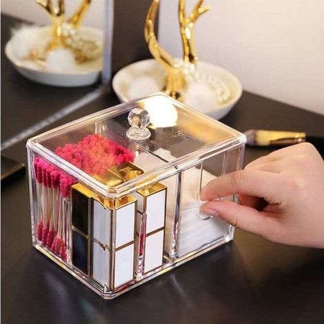 Boîte de rangement maquillage avec couvercle, transparente 14 x 10 x 13 cm, pour cotons et accessoires (1/4)