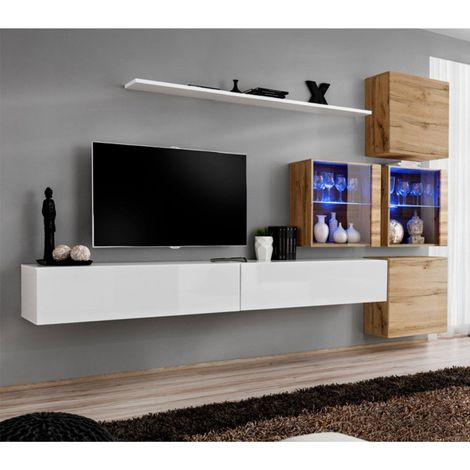 Meuble TV Mural Design "Switch XIX" 310cm Blanc & Naturel (1/4)