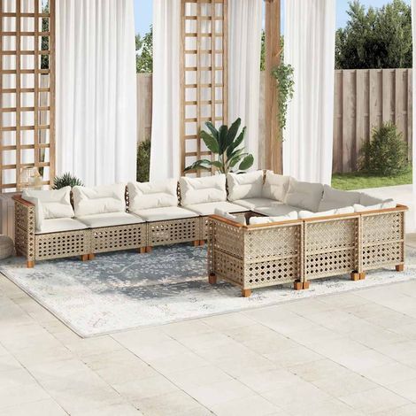 Ensemble Salon Jardin 10 Places Résine Tressée Beige avec Coussins Détachables - Meuble Extérieur Modulaire en Polyrotin et Bois d'Acacia (1/4)