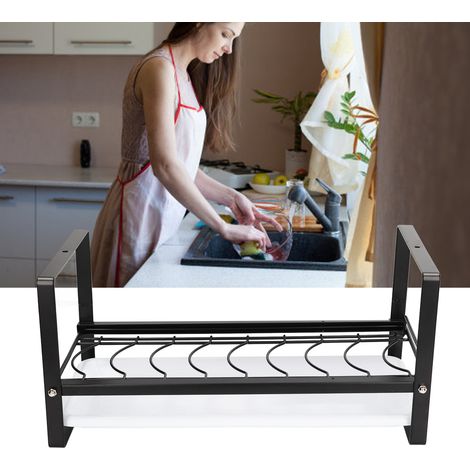 Égouttoir à vaisselle, tiroir coulissant, égouttoir intégré, meuble de rangement pour la vaisselle, panier à vaisselle, étagère de rangement noire (1/5)