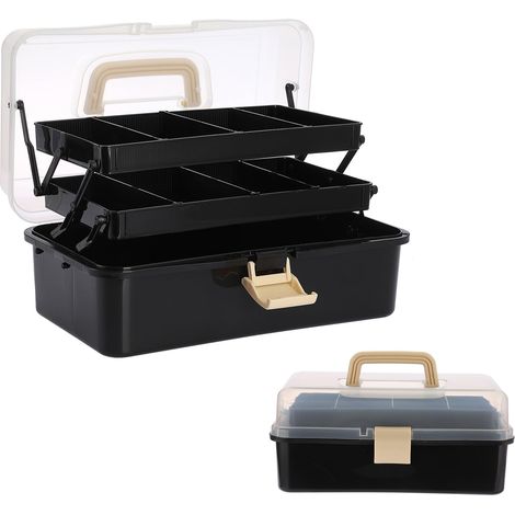 Boîte de rangement portable avec poignée et couvercle, 3 couches, multi-usages, organisateur de bureau, boîte à crayons, en plastique, noire, boîte à couture, 2 étagères avec 6 (1/5)