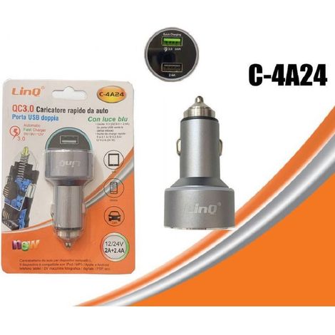 Linq - Caricabatterie Alimentatore Caricatore Da Auto 2 Usb 2a+2.4a Con Luce Blu C-4a24 -