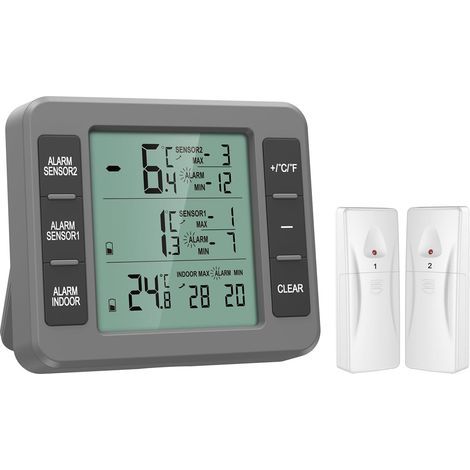Wireless Thermometer with 2 Sensors, Audible Alarm, Min/Max Temperature Display, for Fridge, Freezer, and Kitchen (1/5)