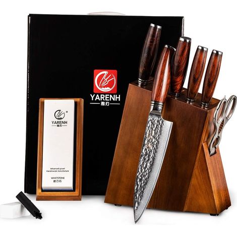 8 Piece Kitchen Knife Set, 73 Layers Damascus Steel Kitchen Knife Set, with Wooden Block and Sharpening Stone and Kitchen Scissors (1/5)