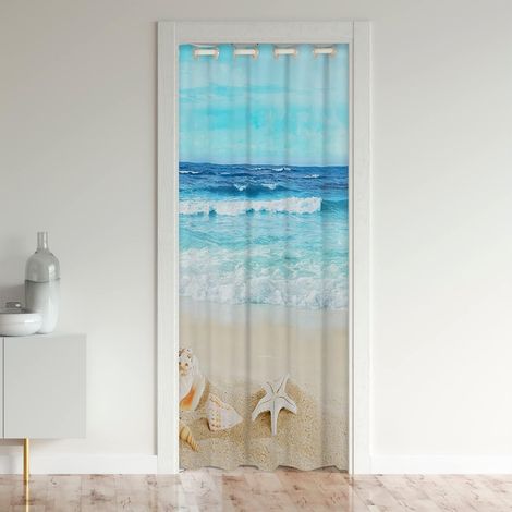 Mer Rideau de Porte 86x203cm Plage Coastal Rideaux Interieur Salon Chambre Voitures Hawaiian Plage Shell Organismes Marins Sea Bleu Rideau Occultant Décor Rideaux Exterieur d'entrée - 86L X 203H cm (1 (1/5)