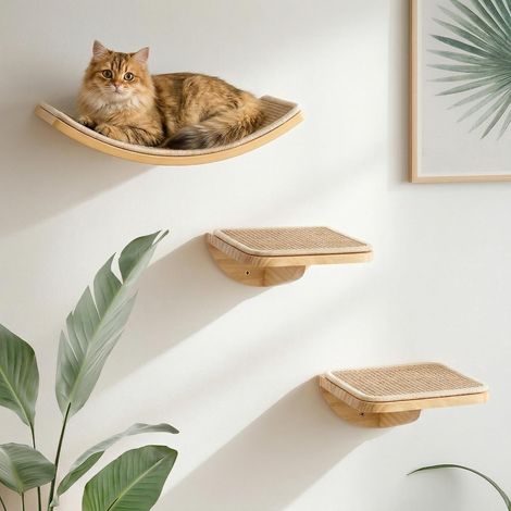 Lot de 3 escaliers muraux pour chat avec 2 marches d'escalade et plates-formes incurvées, en bois monté au mur, pour l'escalade, le jeu, le sommeil (1/5)