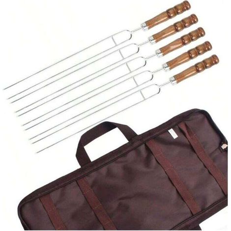 Fourchette de barbecue 5 pièces, manche en bois avec boîte de rangement, acier inoxydable, brochettes de barbecue antirouille, adaptées à l'extérieur et au camping (1/4)