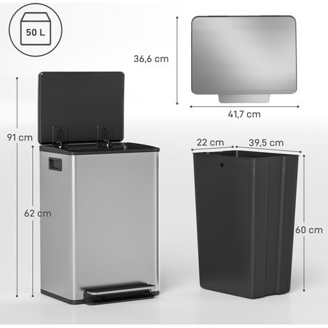 Poubelle cuisine 50L, poubelle à pédale, seau intérieur amovible, couvercle à fermeture douce, 41,7x36,6x62cm, argent (1/5)