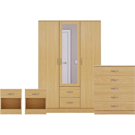 Riano 4 Piece Bedroom Set (1 Drw Bedside Chest, 5 Drw Chest, 3 Dr 2 Drw Mirrored Wardrobe), Pine (1/3)