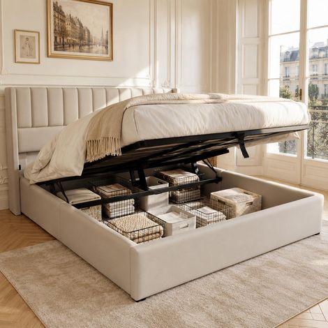 Cama canapé 160 x 200 cm, cama doble tapizada con almacenaje hidráulico y cabecero acolchado, tejido de lino, somier de láminas, beige (1/5)