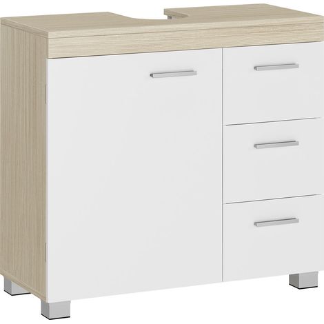 Vasagle – Meuble sous vasque simple 3 tiroirs latéraux – 2 compartiments – Dimensions 30 x 70 x 64 cm – Panneau MDF blanc nuage et beige naturel