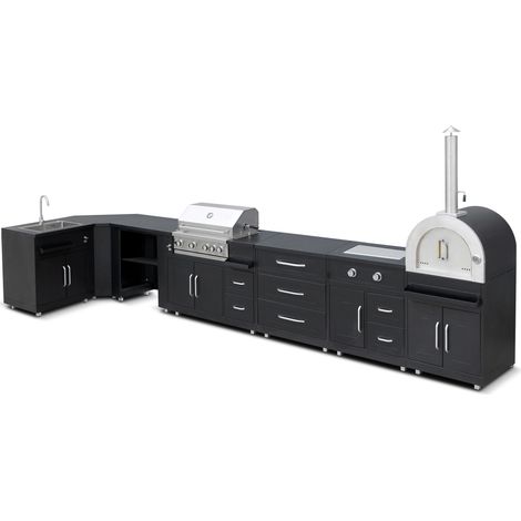Oviala – Cuisine d'extérieur angle 7 éléments – Barbecue gaz 4 brûleurs – Four à pizza avec pierre – Évier inox avec robinet – Rangement optimisé