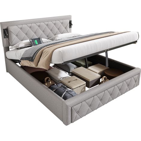 CHICFURN Cama canapé 160x200 cm de lino gris con downlights, USB y cabecero de bandas (1/5)