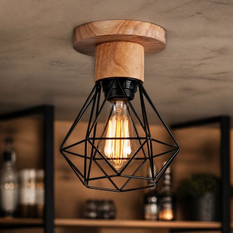 Suspension Vintage Bois et Fer E27, Design Cage Géométrique Industrielle, Abat-jour Métal Noir et Base en Bois Massif, H20cm (1/4)