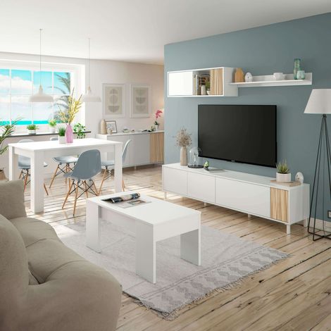 Pack De Muebles Para Salón Moderno Ethna Color Blanco Mate Y Natur