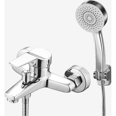 Mitigeur de baignoire et douche, robinet de baignoire avec douchette et flexible, support, chromé, argent (1/3)