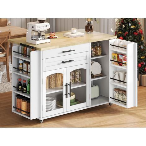 Modernluxe - Îlot central de cuisine mobile avec table rabattable, rangement et étagère à épices, roulettes - blanc (1/5)