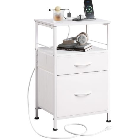 Table nuit WLIVE blanche – Prise + USB – 2 tiroirs tissu – Cadre métal – 40 x 30 x 60 cm (1/5)