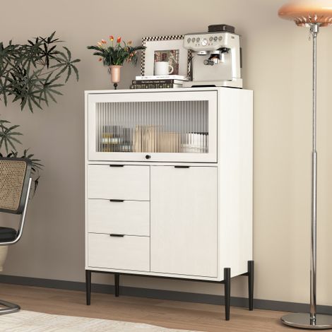 Sideboard mit 3 Schubladen, 1 Tür und 1 Glastür, Holzschrank mit Stauraum für Küche, Esszimmer, Flur, 85 x 40 x 120 cm