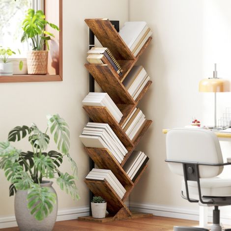 Scaffale libreria in legno marrone rustico, 9 ripiani, 50 x 24 x 136 cm, design ad albero salvaspazio