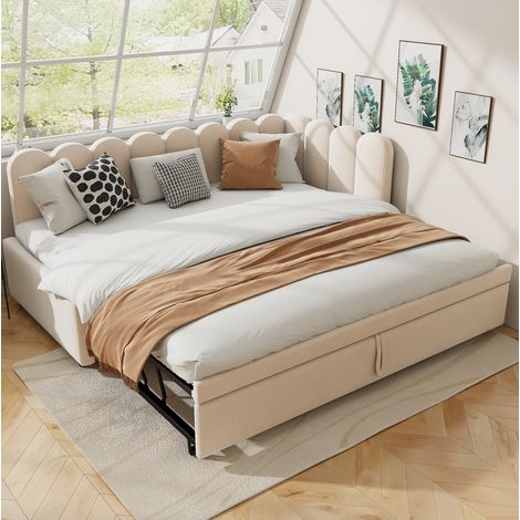 Canapé-lit d'angle en velours beige 90x200 cm, extensible en 180x200 cm avec lit gigogne et sommier à lattes (1/5)