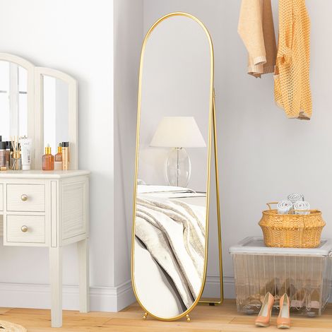 Design Miroir ovale plein corps 160x40 cm avec cadre métallique 2 façons d’utiliser de façon autonome et support en or