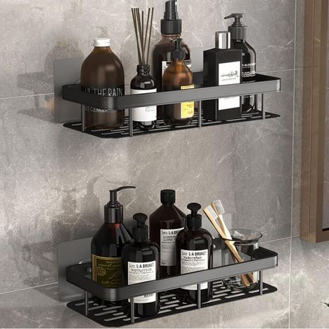 Etagere Douche,Garde-Corps Épaissi,Rangement Douche sans Percage,Panier Salle de Bain en Aluminium,Rangement Douche Noire,Porte Shampoing Douche (2pcs) (1/5)