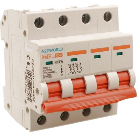 MCB Interruttore Magnetotermico Trifase 380V Curva C 4P 4M 10000A AC 400V IP20 PB8H, Corrente Disponibili 10A 16A 20A 25A 32A 40A 50A 63A  (C50A) (1/3)