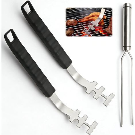 2 Pièces Anti-brûlure Outils de Barbecue de 27 cm de Long et 3 mm D'épaisseur, Souleve Grilles en Acier Inoxydable, Lève-grille De Gril avec Fourche de 29 cm, pour Maison, Camping et Restaurants (1/5)