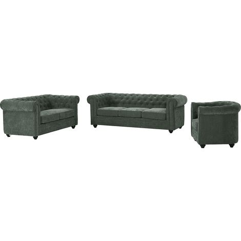 Divani 3 posti, 2 posti e una poltrona in tessuto verde CHESTERFIELD