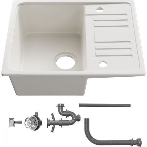 HOROW 57 x 45 cm Spülbecken, Weiß Küchenspüle, Beidseitig montierbare Einbauspüle mit Abtropffläche, Waschbecken Küche Inkl. Siphon-Set