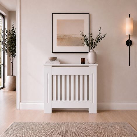 Radiator Cover Small White Modern Vertical Slat MDF Cabinet with Display Shelf 780x815x190mm (1/5)