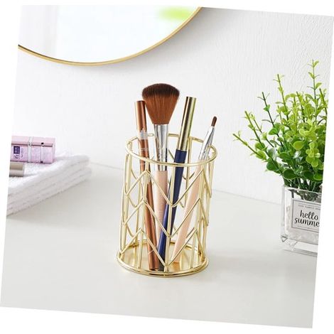 Organizador de brochas de maquillaje，Paquete de 2，Soporte para brochas，Soporte redondo hueco para bolígrafos，8810CM，Dorado (1/4)
