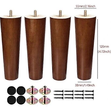 Pieds de meubles en bois massif, lot de 4 avec vis et patins de protection pour canapé, table basse, lit, meuble TV, chaise, noyer 12 cm (1/2)