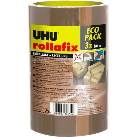 UHU Rollafix - Nastro adesivo marrone per imballaggi, confezione da 3 nastri da 66 m x 50 mm (1/5)
