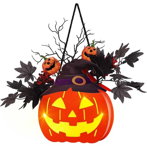Citrouille lumineuse en bois de qualité supérieure de 25 cm avec feuilles d'érable, baies, brindilles et chapeau de sorcière – Fonctionne sur piles avec minuterie – Décoration d'Halloween (1/5)