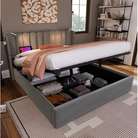 Cama con espacio de almacenamiento de terciopelo gris 140x200 cm con somier de láminas, luz de lectura y USB (1/5)