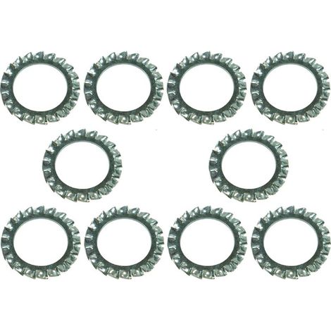 10 rondelle piatte per ventola con denti esterni, rondelle di sicurezza dentellate in acciaio zincato, DIN 6798 forma A, dente di bloccaggio, vite/bullone di fissaggio, ferramenta, elettrico, M18x30x1 (1/2)