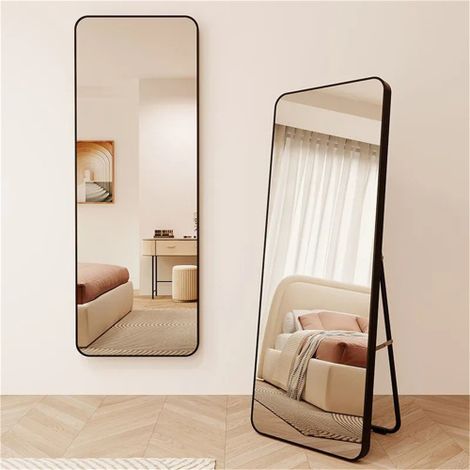 Specchio a figura intera 45 x 155 cm in nero, con bordi arrotondati, vetro float infrangibile, base stabile in metallo, cornice