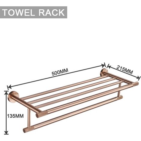 Ensemble d'accessoires (porte-serviettes) en or rose brossé : porte-brosse de toilette, porte-papier toilette, barre porte-serviettes, crochet de suspension, porte-savon. (1/5)